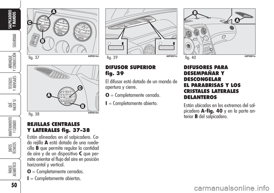 Alfa Romeo Brera/Spider 2010  Manual de Empleo y Cuidado (in Spanish) 50
SEGURIDAD
TESTIGOS
Y MENSAJES
QUÉ
HACER SI
MANTENIMIENTO
Y CUIDADO
DATOS 
TÉCNICOS
ÍNDICE
ALFABÉTICO
SALPICADERO
Y MANDOS 
ARRANQUE
Y CONDUCCIÓN
REJILLAS CENTRALES 
Y LATERALES fig. 37-38
Est