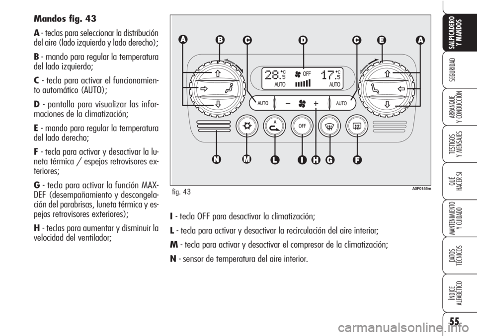 Alfa Romeo Brera/Spider 2010  Manual de Empleo y Cuidado (in Spanish) 55
SEGURIDAD
TESTIGOS
Y MENSAJES
QUÉ
HACER SI
MANTENIMIENTO
Y CUIDADO
DATOS 
TÉCNICOS
ÍNDICE
ALFABÉTICO 
SALPICADERO
Y MANDOS 
ARRANQUE
Y CONDUCCIÓN
I- tecla OFF para desactivar la climatización