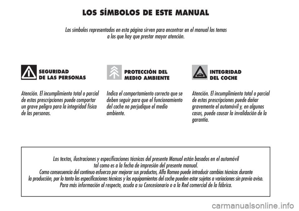 Alfa Romeo Brera/Spider 2010  Manual de Empleo y Cuidado (in Spanish) LOS SÍMBOLOS DE ESTE MANUAL
Los símbolos representados en esta página sirven para encontrar en el manual los temas 
a los que hay que prestar mayor atención.
Atención. El incumplimiento total o p