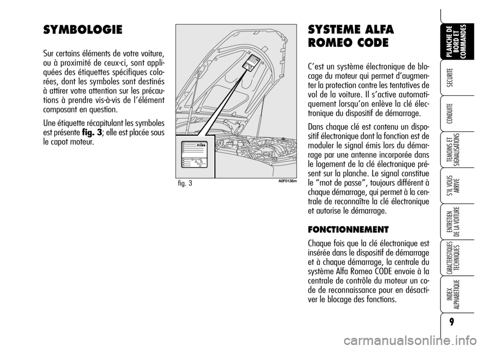Alfa Romeo Brera/Spider 2006 Notice dentretien (in French) SYSTEME ALFA
ROMEO CODE
C’est un système électronique de blo-
cage du moteur qui permet d’augmen-
ter la protection contre les tentatives de
vol de la voiture. Il s’active automati-
quement lo Alfa Romeo Brera/Spider 2006 Notice dentretien (in French) SYSTEME ALFA
ROMEO CODE
C’est un système électronique de blo-
cage du moteur qui permet d’augmen-
ter la protection contre les tentatives de
vol de la voiture. Il s’active automati-
quement lo