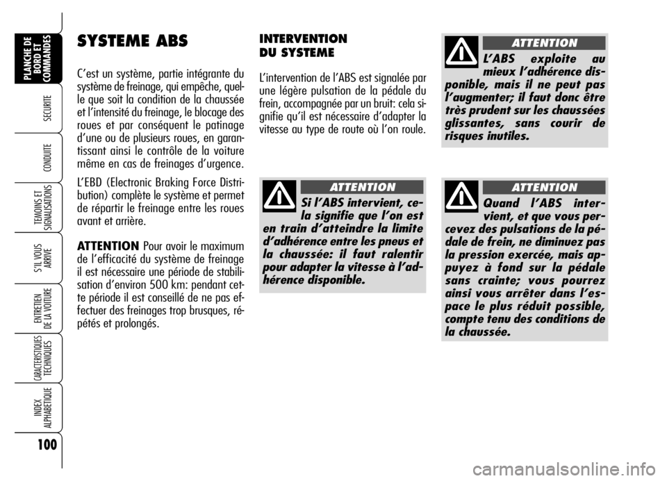 Alfa Romeo Brera/Spider 2006 Notice dentretien (in French) 100
SECURITE
TEMOINS ET
SIGNALISATIONS
S’IL VOUS
ARRIVE
ENTRETIEN
DE LA VOITURE
CARACTERISTIQUES TECHNIQUES
INDEX
ALPHABETIQUE
PLANCHE DE
BORD ET
COMMANDES
CONDUITE
SYSTEME ABS
C’est un systèm Alfa Romeo Brera/Spider 2006 Notice dentretien (in French) 100
SECURITE
TEMOINS ET
SIGNALISATIONS
S’IL VOUS
ARRIVE
ENTRETIEN
DE LA VOITURE
CARACTERISTIQUES TECHNIQUES
INDEX
ALPHABETIQUE
PLANCHE DE
BORD ET
COMMANDES
CONDUITE
SYSTEME ABS
C’est un systèm