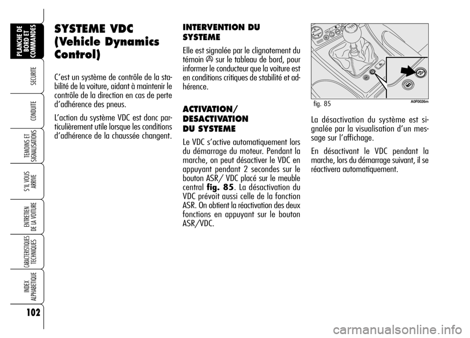 Alfa Romeo Brera/Spider 2006 Notice dentretien (in French) 102
SECURITE
TEMOINS ET
SIGNALISATIONS
S’IL VOUS
ARRIVE
ENTRETIEN
DE LA VOITURE
CARACTERISTIQUES TECHNIQUES
INDEX
ALPHABETIQUE
PLANCHE DE
BORD ET
COMMANDES
CONDUITE
SYSTEME VDC
(Vehicle Dynamics
Alfa Romeo Brera/Spider 2006 Notice dentretien (in French) 102
SECURITE
TEMOINS ET
SIGNALISATIONS
S’IL VOUS
ARRIVE
ENTRETIEN
DE LA VOITURE
CARACTERISTIQUES TECHNIQUES
INDEX
ALPHABETIQUE
PLANCHE DE
BORD ET
COMMANDES
CONDUITE
SYSTEME VDC
(Vehicle Dynamics