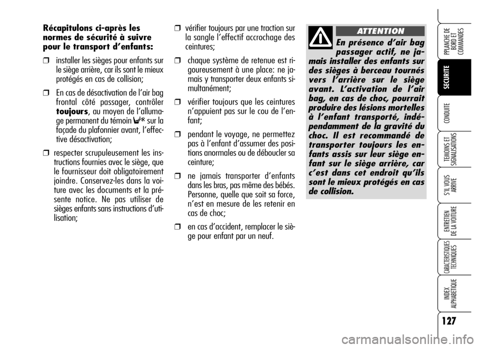 Alfa Romeo Brera/Spider 2006 Notice dentretien (in French) 127
SECURITE
TEMOINS ET
SIGNALISATIONS
S’IL VOUS
ARRIVE
ENTRETIEN
DE LA VOITURE
CARACTERISTIQUES
TECH
NIQUES
INDEX
ALPHABETIQUE
PPLANCHE DE
BORD ET
COMMANDES
CONDUITE
❒vérifier toujours par un Alfa Romeo Brera/Spider 2006 Notice dentretien (in French) 127
SECURITE
TEMOINS ET
SIGNALISATIONS
S’IL VOUS
ARRIVE
ENTRETIEN
DE LA VOITURE
CARACTERISTIQUES
TECH
NIQUES
INDEX
ALPHABETIQUE
PPLANCHE DE
BORD ET
COMMANDES
CONDUITE
❒vérifier toujours par un