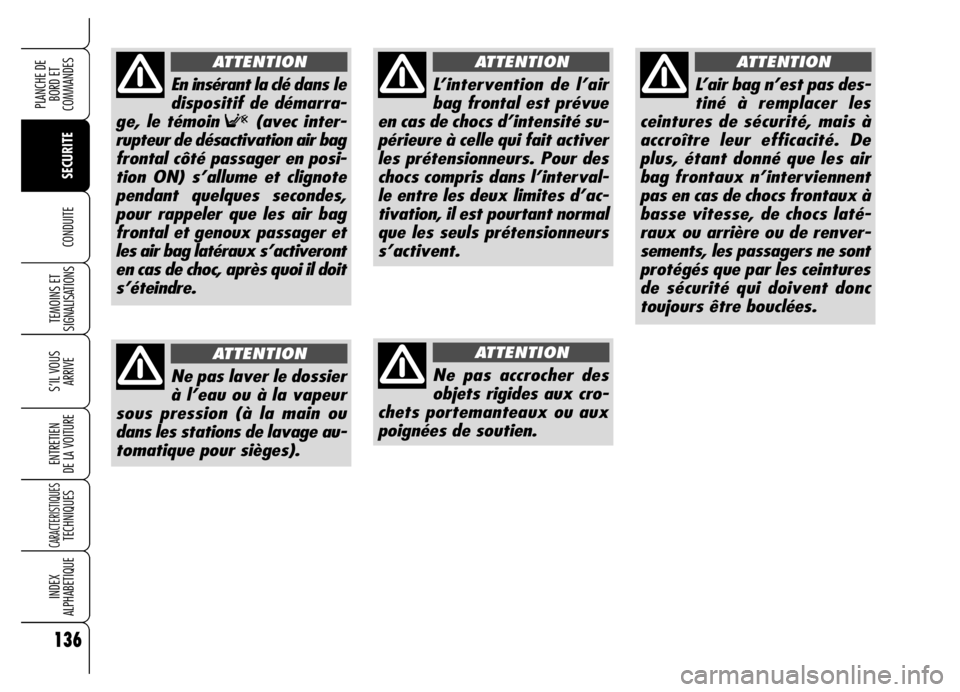 Alfa Romeo Brera/Spider 2006  Notice dentretien (in French) 136
SECURITE TEMOINS ET
SIGNALISATIONS
S’IL VOUS 
ARRIVE
ENTRETIEN 
DE LA VOITURE
CARACTERISTIQUESTECHNIQUES
INDEX 
ALPHABETIQUE
PLANCHE DE
BORD ET 
COMMANDES
CONDUITE
L’intervention de l’air
ba
