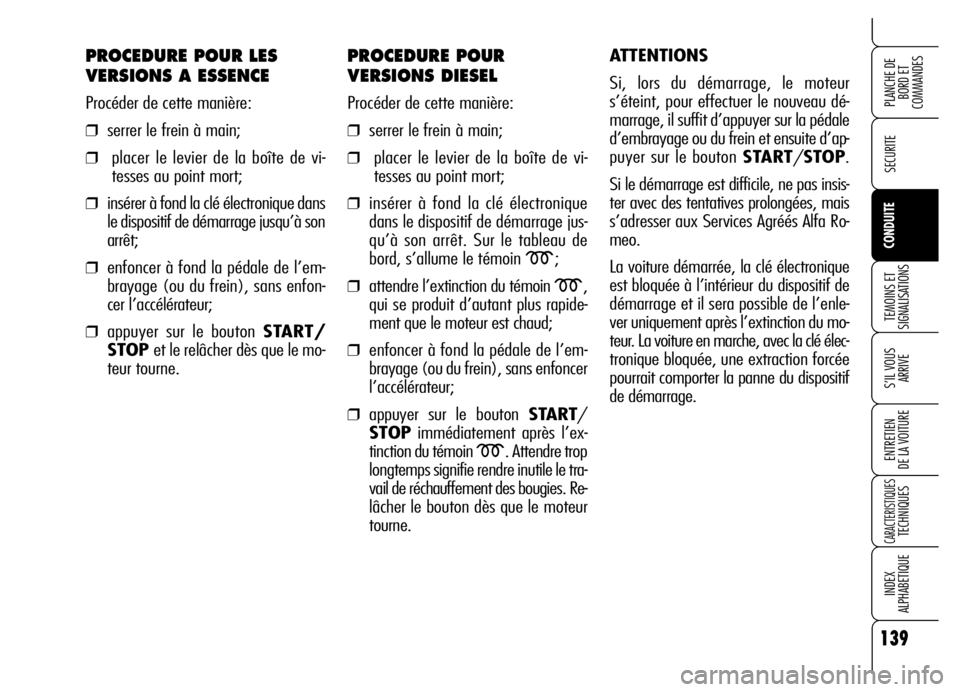 Alfa Romeo Brera/Spider 2006 Notice dentretien (in French) 139
SECURITE
TEMOINS ET
SIGNALISATIONS
S’IL VOUS
ARRIVE
ENTRETIEN
DE LA VOITURE
CARACTERISTIQUESTECHNIQUES
INDEX
ALPHABETIQUE
PLANCHE DE
BORD ET
COMMANDES
CONDUITE
PROCEDURE POUR LES
VERSIONS A Alfa Romeo Brera/Spider 2006 Notice dentretien (in French) 139
SECURITE
TEMOINS ET
SIGNALISATIONS
S’IL VOUS
ARRIVE
ENTRETIEN
DE LA VOITURE
CARACTERISTIQUESTECHNIQUES
INDEX
ALPHABETIQUE
PLANCHE DE
BORD ET
COMMANDES
CONDUITE
PROCEDURE POUR LES
VERSIONS A