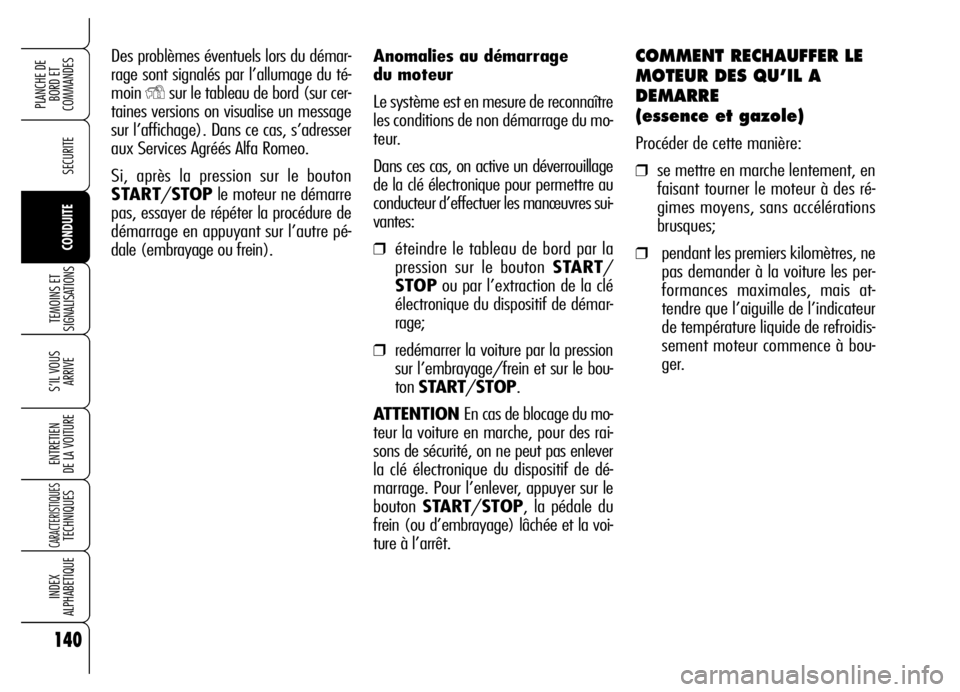 Alfa Romeo Brera/Spider 2006 Notice dentretien (in French) 140
SECURITE
TEMOINS ET
SIGNALISATIONS
S’IL VOUS
ARRIVE
ENTRETIEN
DE LA VOITURE
CARACTERISTIQUESTECHNIQUES
INDEX
ALPHABETIQUE
PLANCHE DE
BORD ET
COMMANDES
CONDUITE
Anomalies au démarrage
du mo Alfa Romeo Brera/Spider 2006 Notice dentretien (in French) 140
SECURITE
TEMOINS ET
SIGNALISATIONS
S’IL VOUS
ARRIVE
ENTRETIEN
DE LA VOITURE
CARACTERISTIQUESTECHNIQUES
INDEX
ALPHABETIQUE
PLANCHE DE
BORD ET
COMMANDES
CONDUITE
Anomalies au démarrage
du mo