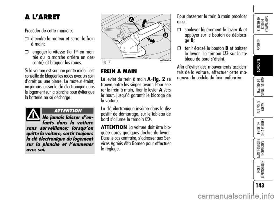 Alfa Romeo Brera/Spider 2006 Notice dentretien (in French) 143
SECURITE
TEMOINS ET
SIGNALISATIONS
S’IL VOUS
ARRIVE
ENTRETIEN
DE LA VOITURE
CARACTERISTIQUESTECHNIQUES
INDEX
ALPHABETIQUE
PLANCHE DE
BORD ET
COMMANDES
CONDUITE
Pour desserrer le frein à mai Alfa Romeo Brera/Spider 2006 Notice dentretien (in French) 143
SECURITE
TEMOINS ET
SIGNALISATIONS
S’IL VOUS
ARRIVE
ENTRETIEN
DE LA VOITURE
CARACTERISTIQUESTECHNIQUES
INDEX
ALPHABETIQUE
PLANCHE DE
BORD ET
COMMANDES
CONDUITE
Pour desserrer le frein à mai