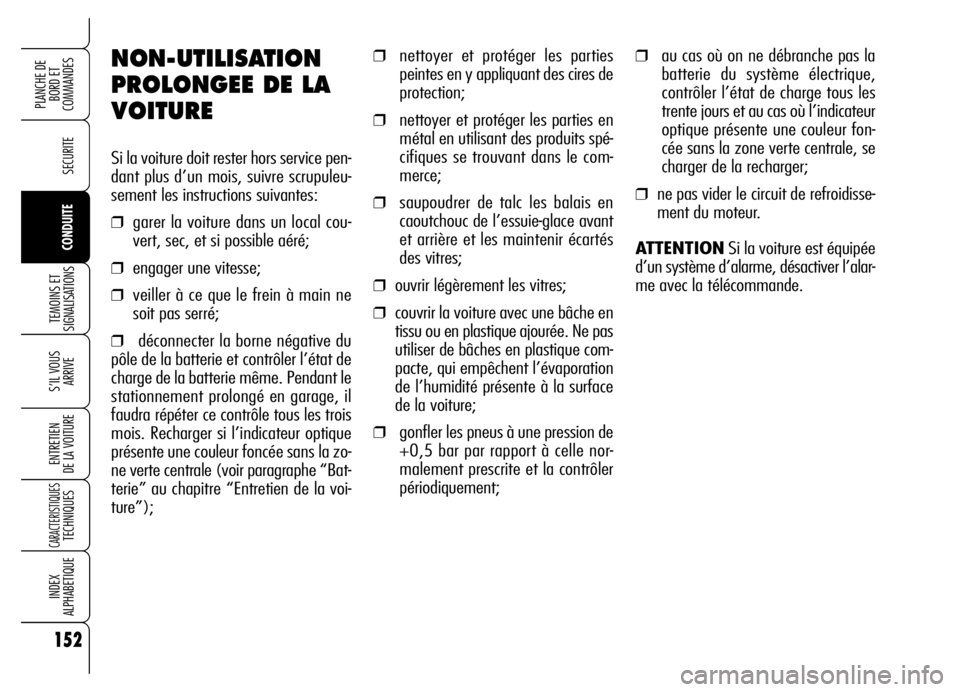 Alfa Romeo Brera/Spider 2006 Notice dentretien (in French) 152
SECURITE
TEMOINS ET
SIGNALISATIONS
S’IL VOUS
ARRIVE
ENTRETIEN
DE LA VOITURE
CARACTERISTIQUESTECHNIQUES
INDEX
ALPHABETIQUE
PLANCHE DE
BORD ET
COMMANDES
CONDUITE
NON-UTILISATION
PROLONGEE DE L Alfa Romeo Brera/Spider 2006 Notice dentretien (in French) 152
SECURITE
TEMOINS ET
SIGNALISATIONS
S’IL VOUS
ARRIVE
ENTRETIEN
DE LA VOITURE
CARACTERISTIQUESTECHNIQUES
INDEX
ALPHABETIQUE
PLANCHE DE
BORD ET
COMMANDES
CONDUITE
NON-UTILISATION
PROLONGEE DE L