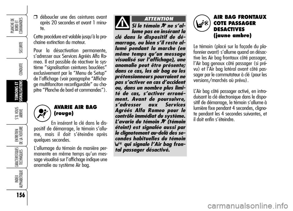 Alfa Romeo Brera/Spider 2006 Notice dentretien (in French) 156
SECURITE
TEMOINS ETSIGNALISATIONS
S’IL VOUS
ARRIVE
ENTRETIEN
DE LA VOITURE
CARACTERISTIQUESTECHNIQUES
INDEX
ALPHABETIQUE
PLANCHE DE
BORD ET
COMMANDES
CONDUITE
AVARIE AIR BAG
(rouge)
En insé Alfa Romeo Brera/Spider 2006 Notice dentretien (in French) 156
SECURITE
TEMOINS ETSIGNALISATIONS
S’IL VOUS
ARRIVE
ENTRETIEN
DE LA VOITURE
CARACTERISTIQUESTECHNIQUES
INDEX
ALPHABETIQUE
PLANCHE DE
BORD ET
COMMANDES
CONDUITE
AVARIE AIR BAG
(rouge)
En insé