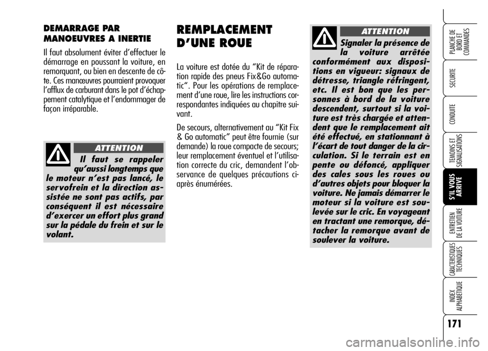 Alfa Romeo Brera/Spider 2006  Notice dentretien (in French) 171
SECURITE
TEMOINS ET
SIGNALISATIONS
S’IL VOUS
ARRIVE ENTRETIEN 
DE LA VOITURE
CARACTERISTIQUES TECHNIQUES
INDEX 
ALPHABETIQUE
PLANCHE DE
BORD ET 
COMMANDES
CONDUITE
REMPLACEMENT 
D’UNE ROUE
La 