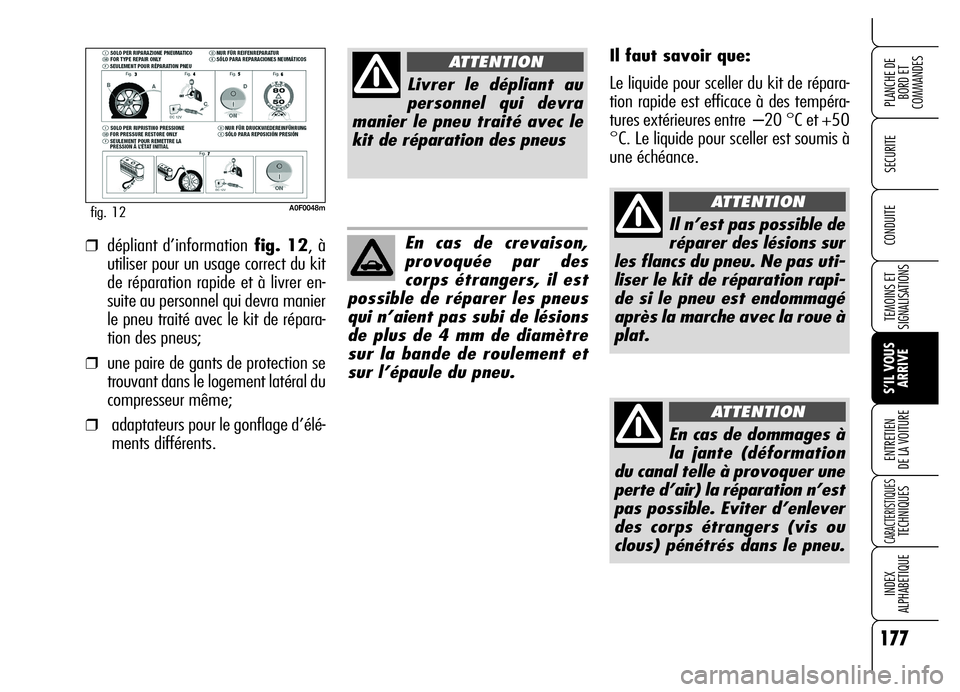 Alfa Romeo Brera/Spider 2006  Notice dentretien (in French) 177
SECURITE
TEMOINS ET
SIGNALISATIONS
S’IL VOUS
ARRIVE ENTRETIEN 
DE LA VOITURE
CARACTERISTIQUES TECHNIQUES
INDEX 
ALPHABETIQUE
PLANCHE DE
BORD ET 
COMMANDES
CONDUITE
A0F0048mfig. 12
Il faut savoir