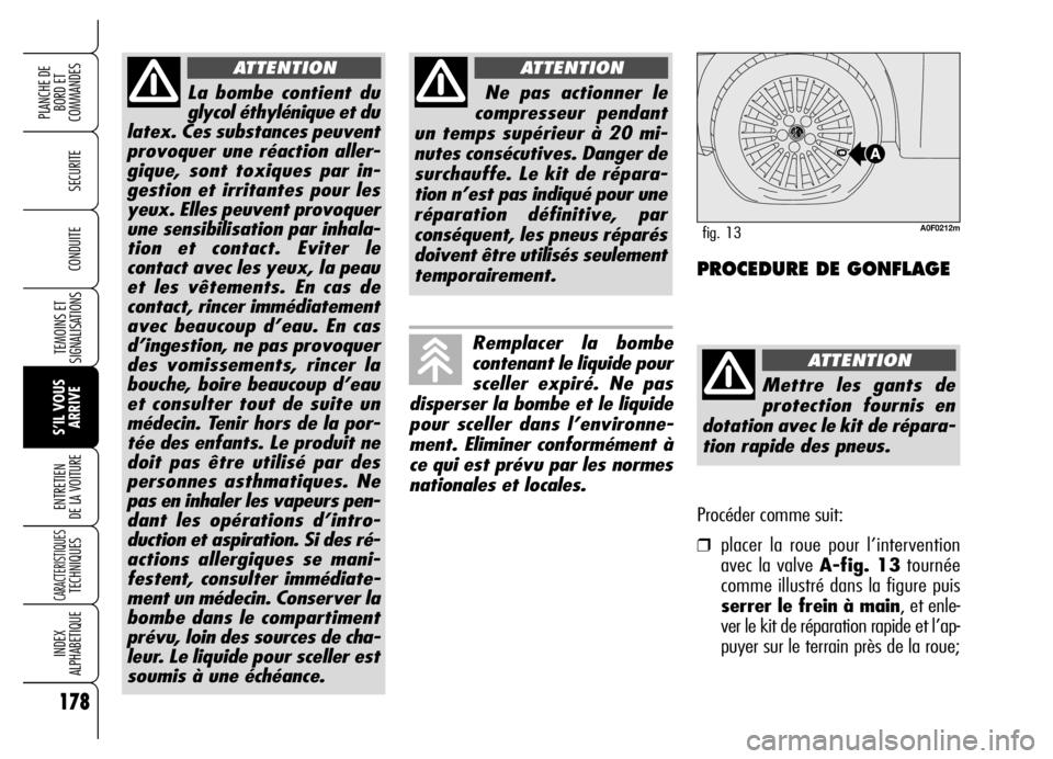 Alfa Romeo Brera/Spider 2006  Notice dentretien (in French) 178
SECURITE
TEMOINS ET
SIGNALISATIONS
S’IL VOUS
ARRIVE ENTRETIEN 
DE LA VOITURE
CARACTERISTIQUES TECHNIQUES
INDEX 
ALPHABETIQUE
PLANCHE DE
BORD ET 
COMMANDES
CONDUITE
La bombe contient du
glycol é