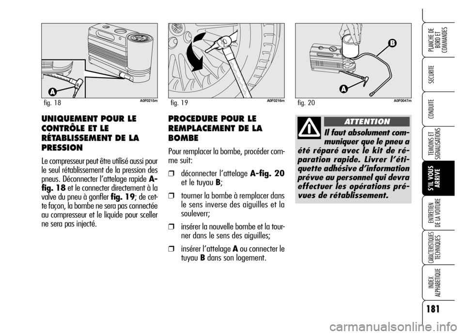 Alfa Romeo Brera/Spider 2006  Notice dentretien (in French) 181
SECURITE
TEMOINS ET
SIGNALISATIONS
S’IL VOUS
ARRIVE ENTRETIEN 
DE LA VOITURE
CARACTERISTIQUES TECHNIQUES
INDEX 
ALPHABETIQUE
PLANCHE DE
BORD ET 
COMMANDES
CONDUITE
A0F0215mfig. 18A0F0216mfig. 19
