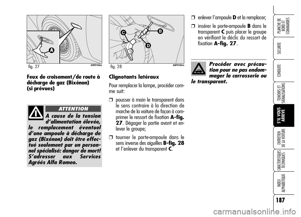 Alfa Romeo Brera/Spider 2006  Notice dentretien (in French) 187
SECURITE
TEMOINS ET
SIGNALISATIONS
S’IL VOUS
ARRIVE ENTRETIEN 
DE LA VOITURE
CARACTERISTIQUES TECHNIQUES
INDEX 
ALPHABETIQUE
PLANCHE DE
BORD ET 
COMMANDES
CONDUITEClignotants latéraux
Pour remp