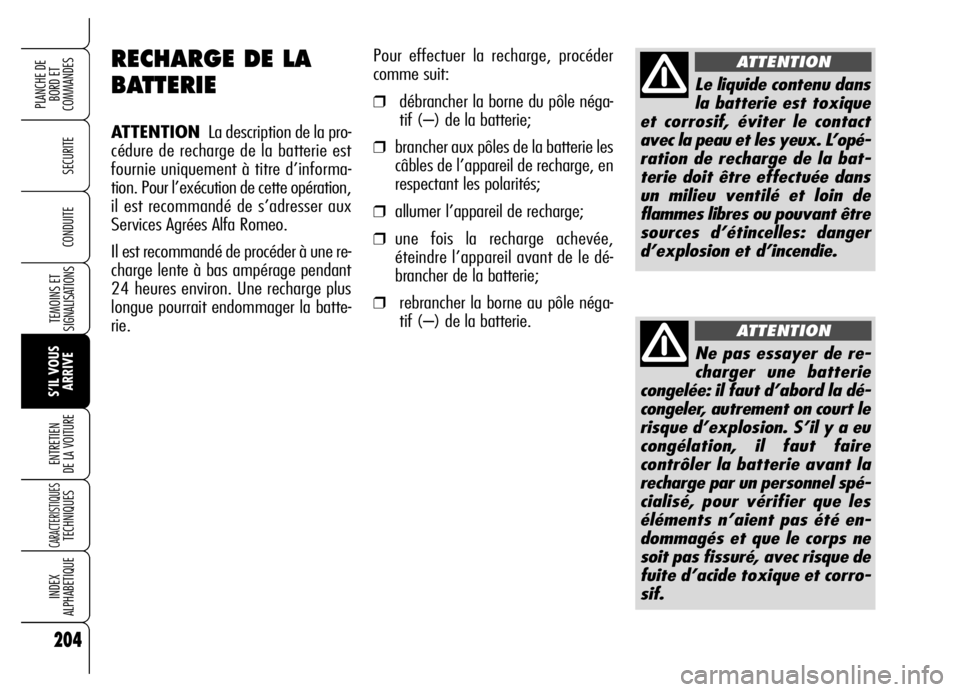 Alfa Romeo Brera/Spider 2006  Notice dentretien (in French) 204
SECURITE
TEMOINS ET
SIGNALISATIONS
S’IL VOUS
ARRIVE ENTRETIEN 
DE LA VOITURE
CARACTERISTIQUES TECHNIQUES
INDEX 
ALPHABETIQUE
PLANCHE DE
BORD ET 
COMMANDES
CONDUITE
RECHARGE DE LA
BATTERIE
ATTENT