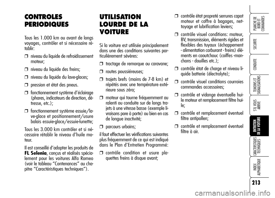 Alfa Romeo Brera/Spider 2006  Notice dentretien (in French) 213
SECURITE
TEMOINS ET
SIGNALISATIONS
S’IL VOUS
ARRIVE
ENTRETIEN 
DE LA VOITURE
CARACTERISTIQUES TECHNIQUES
INDEX 
ALPHABETIQUE
PLANCHE DE
BORD ET 
COMMANDES
CONDUITE
UTILISATION
LOURDE DE LA
VOITU