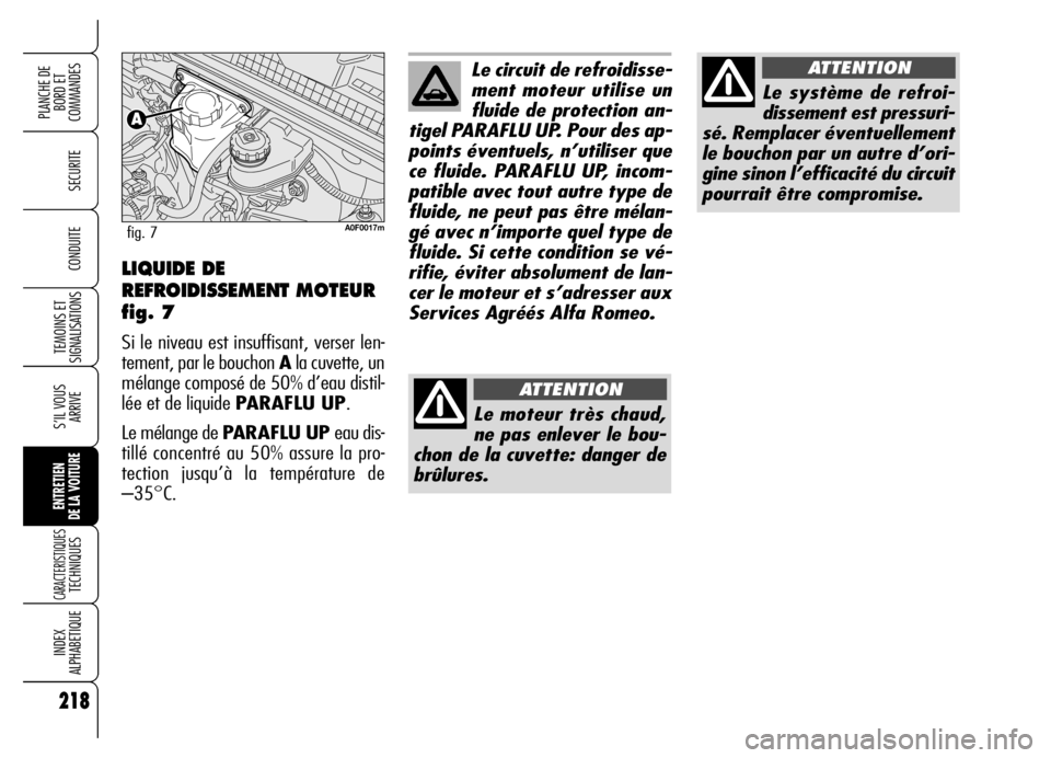 Alfa Romeo Brera/Spider 2006  Notice dentretien (in French) 218
SECURITE
TEMOINS ET
SIGNALISATIONS
S’IL VOUS
ARRIVE
ENTRETIEN 
DE LA VOITURE
CARACTERISTIQUES TECHNIQUES
INDEX 
ALPHABETIQUE
PLANCHE DE
BORD ET 
COMMANDES
CONDUITE
218
Le circuit de refroidisse-