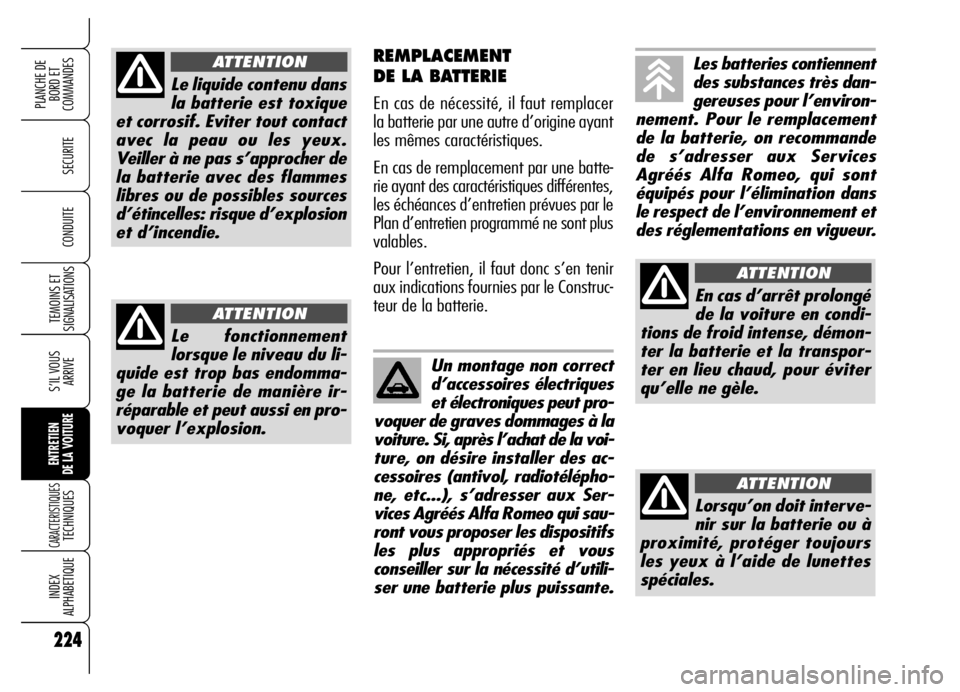 Alfa Romeo Brera/Spider 2006 Notice dentretien (in French) 224
SECURITE
TEMOINS ET
SIGNALISATIONS
S’IL VOUS
ARRIVE
ENTRETIEN
DE LA VOITURE
CARACTERISTIQUES TECHNIQUES
INDEX
ALPHABETIQUE
PLANCHE DE
BORD ET
COMMANDES
CONDUITE
224
REMPLACEMENT
DE LA BATTER Alfa Romeo Brera/Spider 2006 Notice dentretien (in French) 224
SECURITE
TEMOINS ET
SIGNALISATIONS
S’IL VOUS
ARRIVE
ENTRETIEN
DE LA VOITURE
CARACTERISTIQUES TECHNIQUES
INDEX
ALPHABETIQUE
PLANCHE DE
BORD ET
COMMANDES
CONDUITE
224
REMPLACEMENT
DE LA BATTER