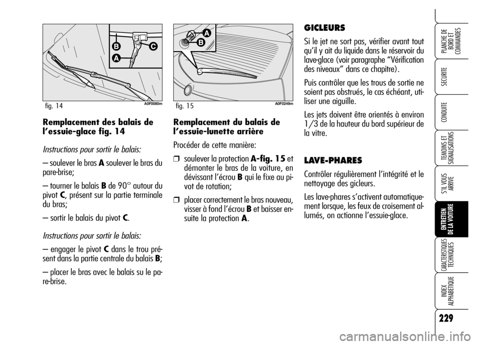 Alfa Romeo Brera/Spider 2006  Notice dentretien (in French) 229
SECURITE
TEMOINS ET
SIGNALISATIONS
S’IL VOUS
ARRIVE
ENTRETIEN 
DE LA VOITURE
CARACTERISTIQUES TECHNIQUES
INDEX 
ALPHABETIQUE
PLANCHE DE
BORD ET 
COMMANDES
CONDUITE
229
Remplacement du balais de
