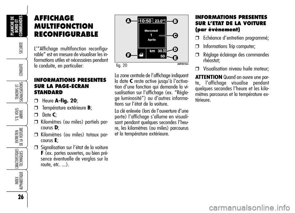 Alfa Romeo Brera/Spider 2006  Notice dentretien (in French) 26
SECURITE
TEMOINS ET
SIGNALISATIONS
S’IL VOUS
ARRIVE
ENTRETIEN 
DE LA VOITURE
CARACTERISTIQUES TECHNIQUES
INDEX 
ALPHABETIQUE
PLANCHE DE
BORD ET
COMMANDES
CONDUITE La zone centrale de l’affichag