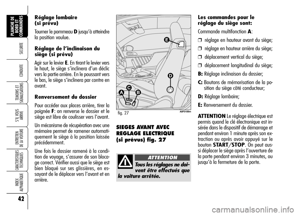 Alfa Romeo Brera/Spider 2006  Notice dentretien (in French) Réglage lombaire
(si prévu)
Tourner le pommeau Djusqu’à atteindre
la position voulue.
Réglage de l’inclinaison du
siège (si prévu)
Agir sur le levier E. En tirant le levier vers
le haut, le 