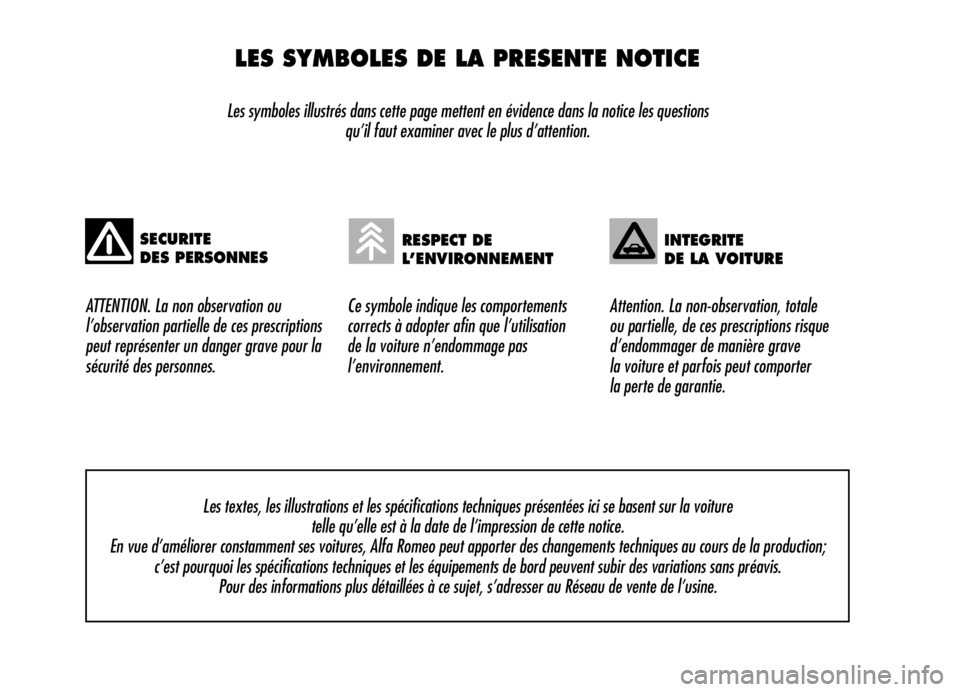 Alfa Romeo Brera/Spider 2006  Notice dentretien (in French) LES SYMBOLES DE LA PRESENTE NOTICE
Les symboles illustrés dans cette page mettent en évidence dans la notice les questions 
qu’il faut examiner avec le plus d’attention.
ATTENTION. La non observ