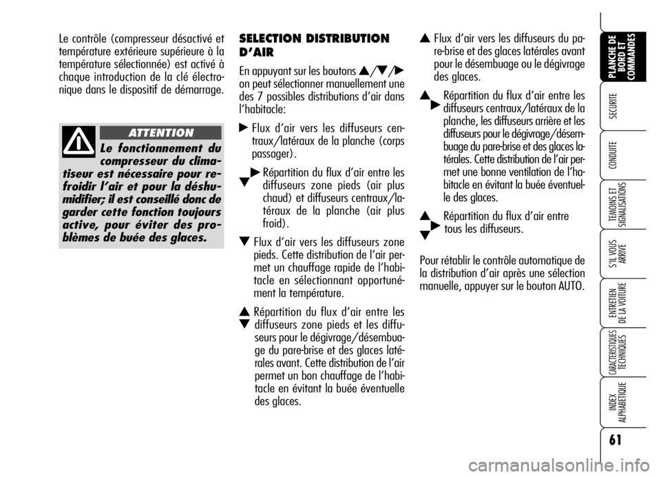 Alfa Romeo Brera/Spider 2006  Notice dentretien (in French) 61
SECURITE 
TEMOINS ET
SIGNALISATIONS
S’IL VOUS
ARRIVE
ENTRETIEN 
DE LA VOITURE
CARACTERISTIQUES TECHNIQUES
INDEX 
ALPHABETIQUE
PLANCHE DE
BORD ET
COMMANDES
CONDUITE 
SELECTION DISTRIBUTION
D’AIR