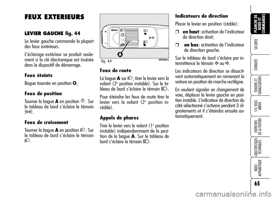 Alfa Romeo Brera/Spider 2006  Notice dentretien (in French) 65
SECURITE 
TEMOINS ET
SIGNALISATIONS
S’IL VOUS
ARRIVE
ENTRETIEN 
DE LA VOITURE
CARACTERISTIQUES TECHNIQUES
INDEX 
ALPHABETIQUE
PLANCHE DE
BORD ET
COMMANDES
CONDUITE 
FEUX EXTERIEURS
LEVIER GAUCHE 