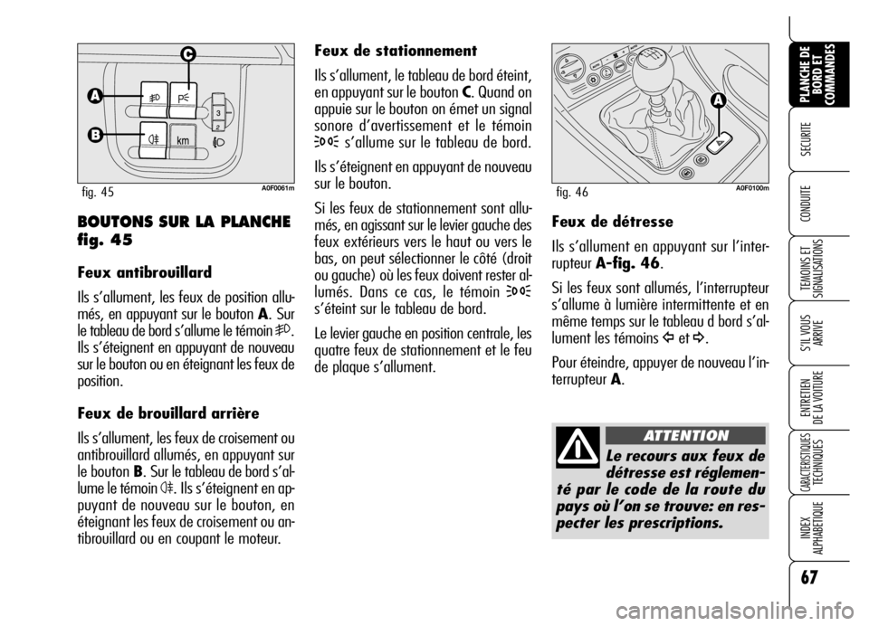 Alfa Romeo Brera/Spider 2006  Notice dentretien (in French) 67
SECURITE 
TEMOINS ET
SIGNALISATIONS
S’IL VOUS
ARRIVE
ENTRETIEN 
DE LA VOITURE
CARACTERISTIQUES TECHNIQUES
INDEX 
ALPHABETIQUE
PLANCHE DE
BORD ET
COMMANDES
CONDUITE 
Feux de stationnement
Ils s’