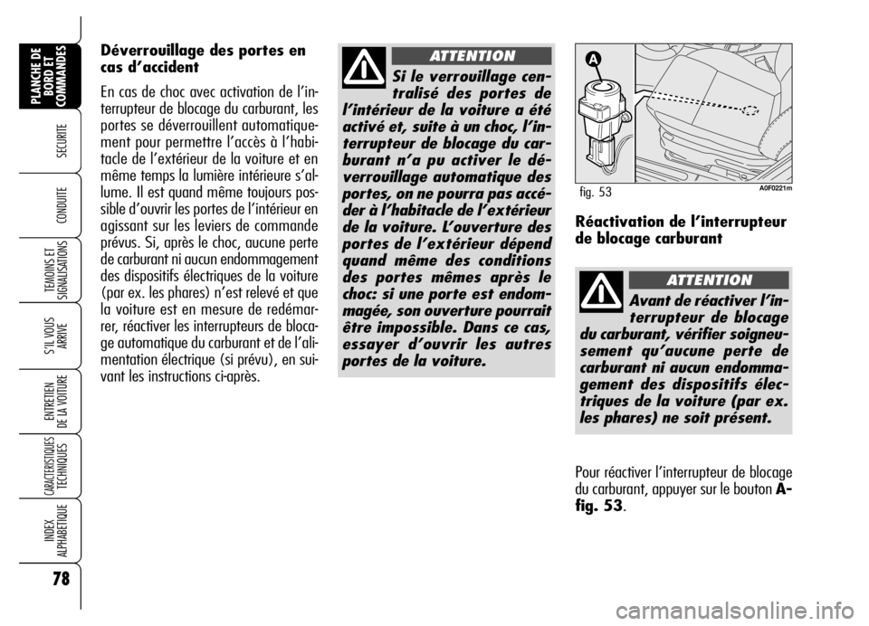 Alfa Romeo Brera/Spider 2006 Notice dentretien (in French) 78
SECURITE
TEMOINS ET
SIGNALISATIONS
S’IL VOUS
ARRIVE
ENTRETIEN
DE LA VOITURE
CARACTERISTIQUES TECHNIQUES
INDEX
ALPHABETIQUE
PLANCHE DE
BORD ET
COMMANDES
CONDUITE
Si le verrouillage cen-
tralis Alfa Romeo Brera/Spider 2006 Notice dentretien (in French) 78
SECURITE
TEMOINS ET
SIGNALISATIONS
S’IL VOUS
ARRIVE
ENTRETIEN
DE LA VOITURE
CARACTERISTIQUES TECHNIQUES
INDEX
ALPHABETIQUE
PLANCHE DE
BORD ET
COMMANDES
CONDUITE
Si le verrouillage cen-
tralis