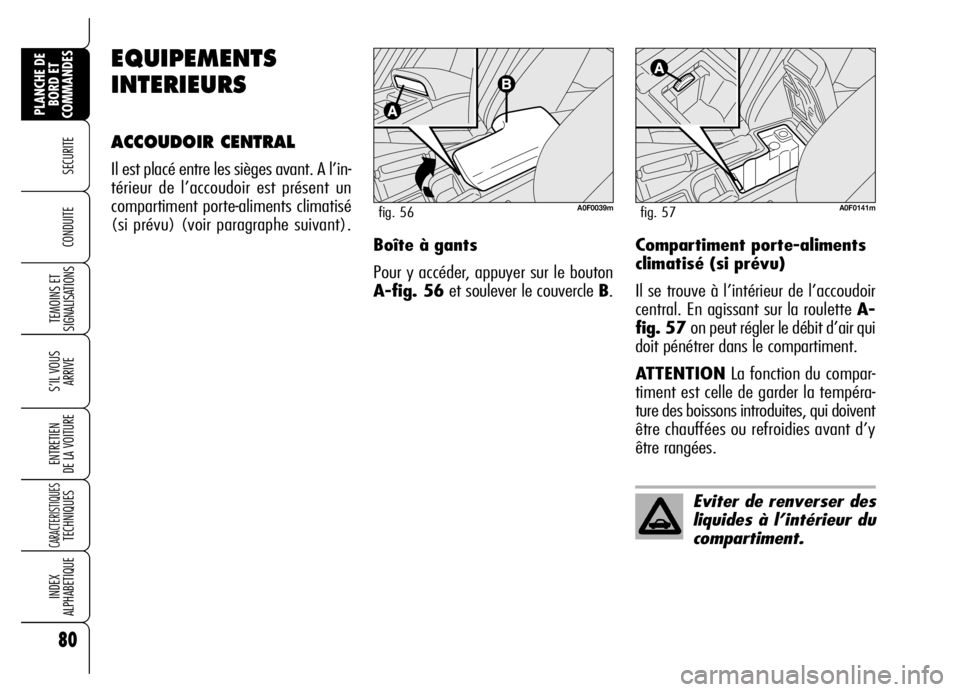 Alfa Romeo Brera/Spider 2006  Notice dentretien (in French) 80
SECURITE
TEMOINS ET
SIGNALISATIONS
S’IL VOUS
ARRIVE
ENTRETIEN 
DE LA VOITURE
CARACTERISTIQUES TECHNIQUES
INDEX 
ALPHABETIQUE
PLANCHE DE
BORD ET
COMMANDES
CONDUITE 
EQUIPEMENTS
INTERIEURS
ACCOUDOI