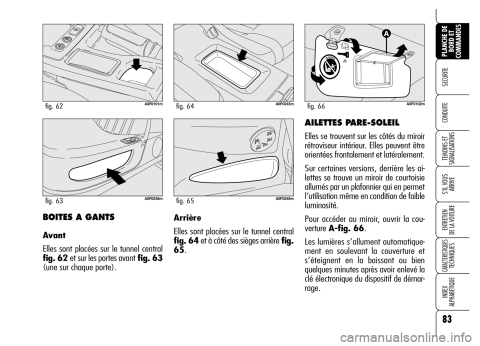 Alfa Romeo Brera/Spider 2006  Notice dentretien (in French) 83
SECURITE 
TEMOINS ET
SIGNALISATIONS
S’IL VOUS
ARRIVE
ENTRETIEN 
DE LA VOITURE
CARACTERISTIQUES TECHNIQUES
INDEX 
ALPHABETIQUE
PLANCHE DE
BORD ET
COMMANDES
CONDUITE 
BOITES A GANTS
Avant
Elles son