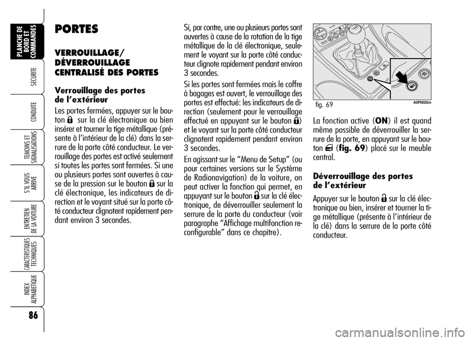 Alfa Romeo Brera/Spider 2006  Notice dentretien (in French) 86
SECURITE
TEMOINS ET
SIGNALISATIONS
S’IL VOUS
ARRIVE
ENTRETIEN 
DE LA VOITURE
CARACTERISTIQUES TECHNIQUES
INDEX 
ALPHABETIQUE
PLANCHE DE
BORD ET
COMMANDES
CONDUITE La fonction active (ON) il est q