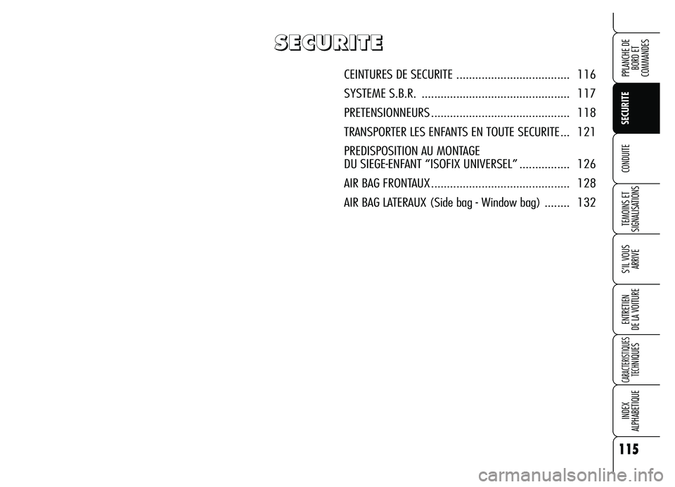 Alfa Romeo Brera/Spider 2007  Notice dentretien (in French) 115
SECURITE
TEMOINS ET 
SIGNALISATIONS
S’IL VOUS
ARRIVE
ENTRETIEN 
DE LA VOITURE
CARACTERISTIQUES
TECH
NIQUES
INDEX
ALPHABETIQUE
PPLANCHE DE
BORD ET 
COMMANDES
CONDUITE
S S S S
E E E E
C C C C
U U 
