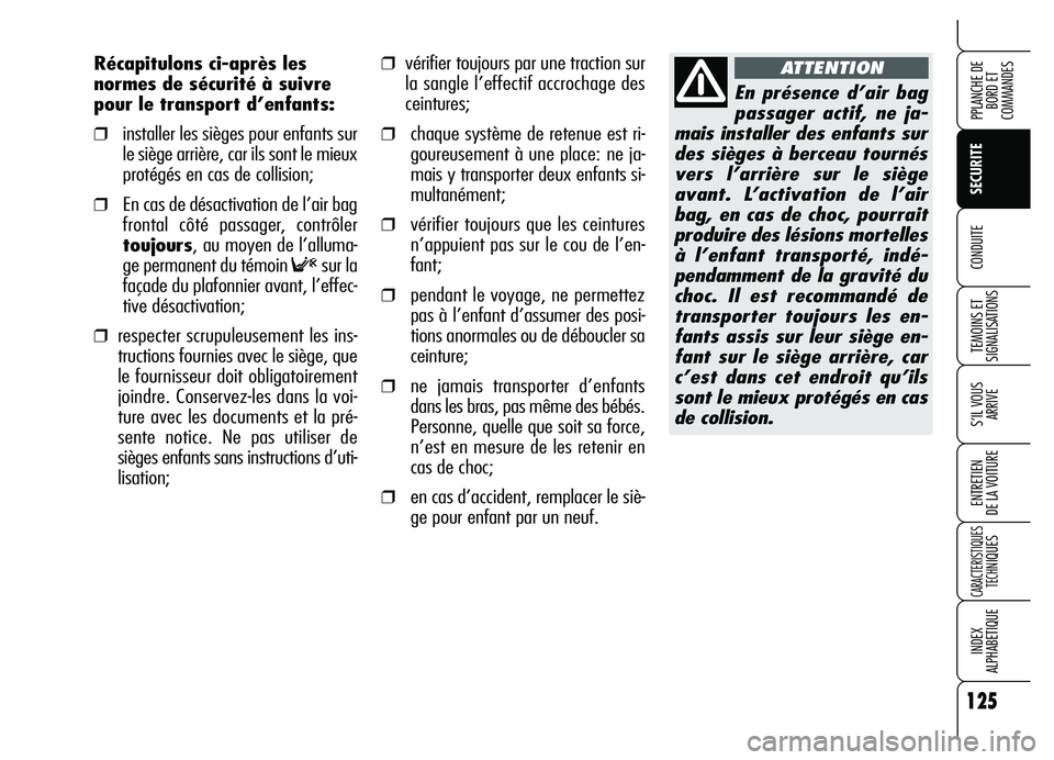 Alfa Romeo Brera/Spider 2007 Notice dentretien (in French) 125
SECURITE
TEMOINS ET
SIGNALISATIONS
S’IL VOUS
ARRIVE
ENTRETIEN
DE LA VOITURE
CARACTERISTIQUES
TECH
NIQUES
INDEX
ALPHABETIQUE
PPLANCHE DE
BORD ET
COMMANDES
CONDUITE
❒vérifier toujours par un Alfa Romeo Brera/Spider 2007 Notice dentretien (in French) 125
SECURITE
TEMOINS ET
SIGNALISATIONS
S’IL VOUS
ARRIVE
ENTRETIEN
DE LA VOITURE
CARACTERISTIQUES
TECH
NIQUES
INDEX
ALPHABETIQUE
PPLANCHE DE
BORD ET
COMMANDES
CONDUITE
❒vérifier toujours par un