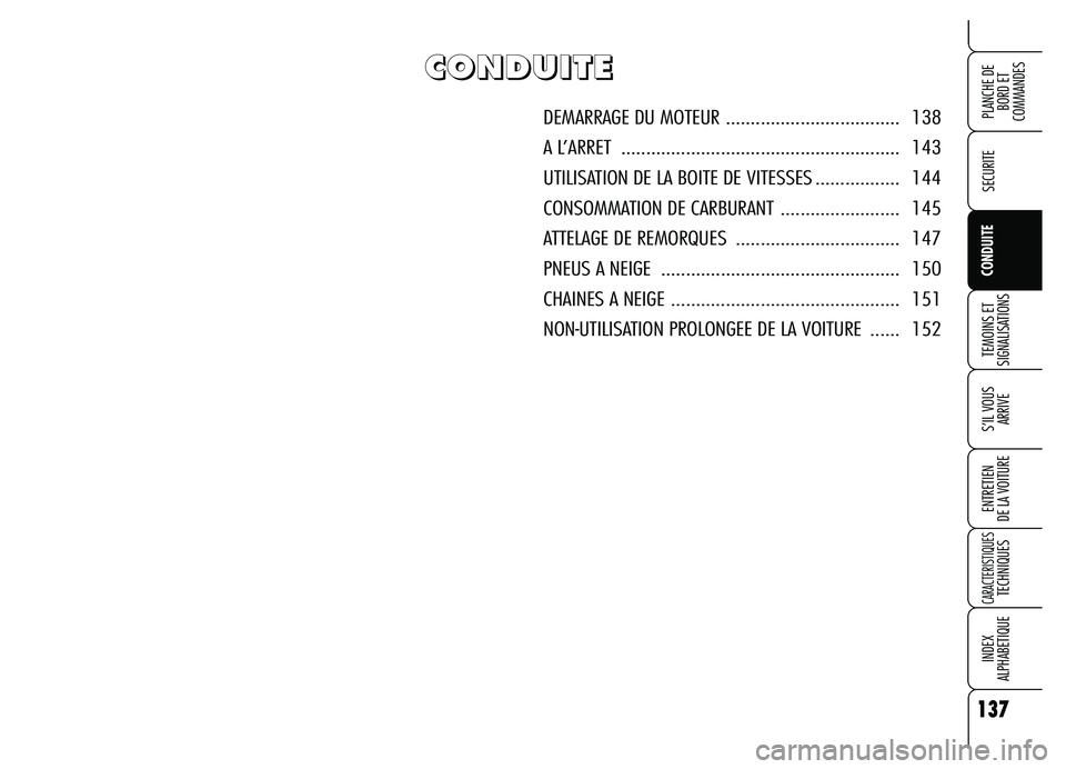 Alfa Romeo Brera/Spider 2007 Notice dentretien (in French) 137
SECURITE
TEMOINS ET
SIGNALISATIONS
S’IL VOUS
ARRIVE
ENTRETIEN
DE LA VOITURE
CARACTERISTIQUESTECHNIQUES
INDEX
ALPHABETIQUE
PLANCHE DE
BORD ET
COMMANDES
CONDUITE
C C C C
O O O O
N N N N
D D D Alfa Romeo Brera/Spider 2007 Notice dentretien (in French) 137
SECURITE
TEMOINS ET
SIGNALISATIONS
S’IL VOUS
ARRIVE
ENTRETIEN
DE LA VOITURE
CARACTERISTIQUESTECHNIQUES
INDEX
ALPHABETIQUE
PLANCHE DE
BORD ET
COMMANDES
CONDUITE
C C C C
O O O O
N N N N
D D D