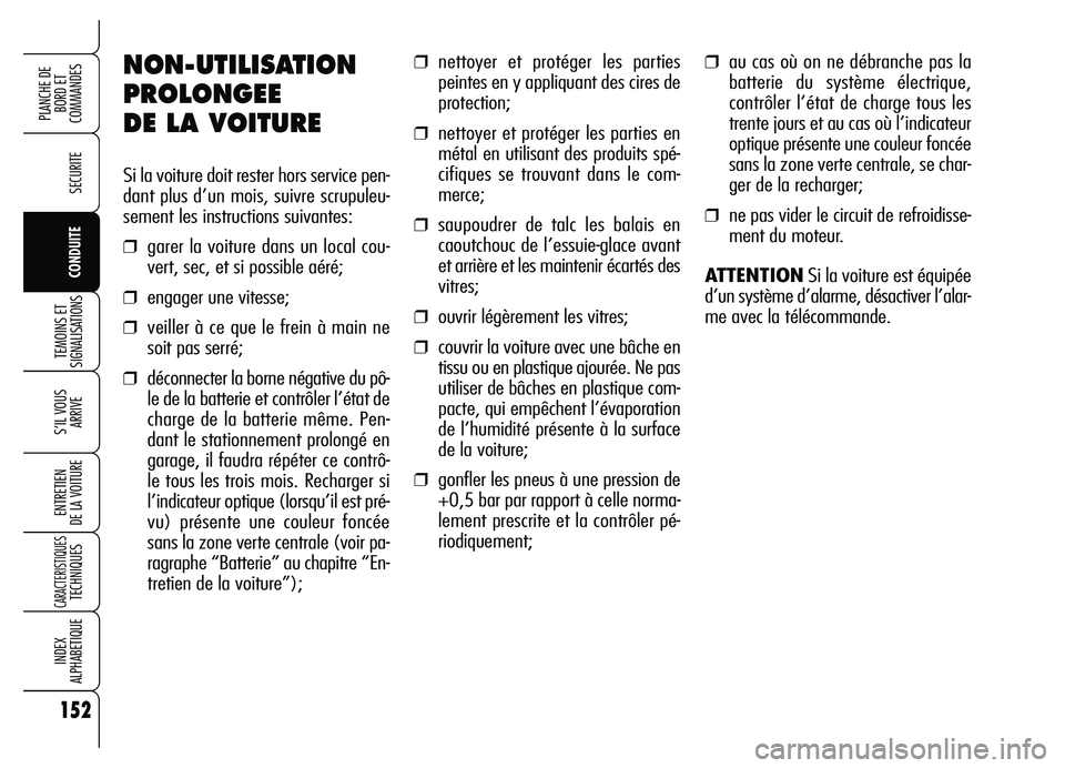 Alfa Romeo Brera/Spider 2007  Notice dentretien (in French) 152
SECURITE
TEMOINS ET
SIGNALISATIONS
S’IL VOUS 
ARRIVE
ENTRETIEN 
DE LA VOITURE
CARACTERISTIQUESTECHNIQUES
INDEX 
ALPHABETIQUE
PLANCHE DE
BORD ET 
COMMANDES
CONDUITE
NON-UTILISATION
PROLONGEE 
DE 