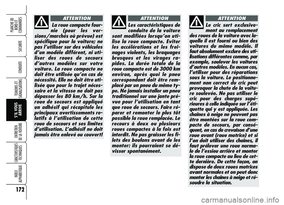 Alfa Romeo Brera/Spider 2007  Notice dentretien (in French) 172
SECURITE
TEMOINS ET
SIGNALISATIONS
S’IL VOUS
ARRIVE ENTRETIEN 
DE LA VOITURE
CARACTERISTIQUES TECHNIQUES
INDEX 
ALPHABETIQUE
PLANCHE DE
BORD ET 
COMMANDES
CONDUITE
La roue compacte four-
nie (po