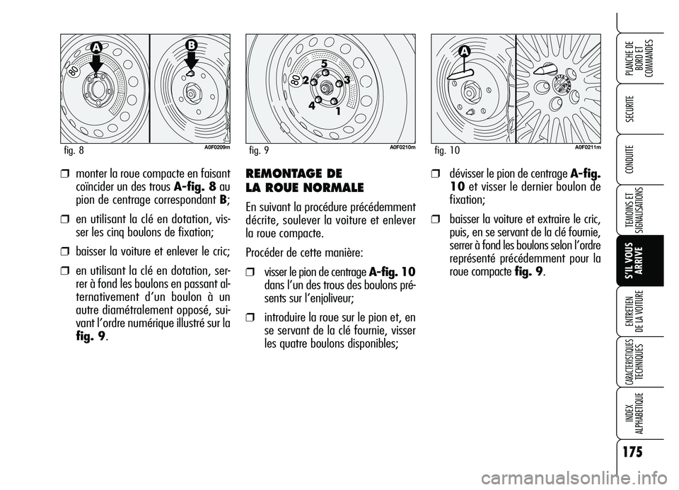 Alfa Romeo Brera/Spider 2007  Notice dentretien (in French) 175
SECURITE
TEMOINS ET
SIGNALISATIONS
S’IL VOUS
ARRIVE ENTRETIEN 
DE LA VOITURE
CARACTERISTIQUES TECHNIQUES
INDEX 
ALPHABETIQUE
PLANCHE DE
BORD ET 
COMMANDES
CONDUITE❒monter la roue compacte en f