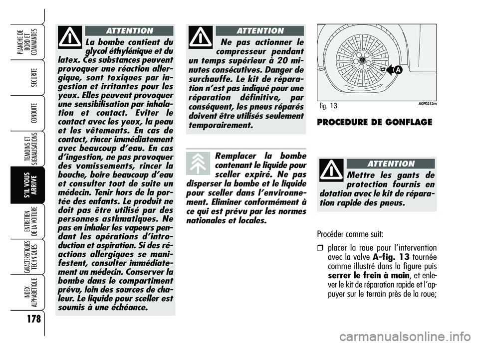 Alfa Romeo Brera/Spider 2007  Notice dentretien (in French) 178
SECURITE
TEMOINS ET
SIGNALISATIONS
S’IL VOUS
ARRIVE ENTRETIEN 
DE LA VOITURE
CARACTERISTIQUES TECHNIQUES
INDEX 
ALPHABETIQUE
PLANCHE DE
BORD ET 
COMMANDES
CONDUITE
La bombe contient du
glycol é