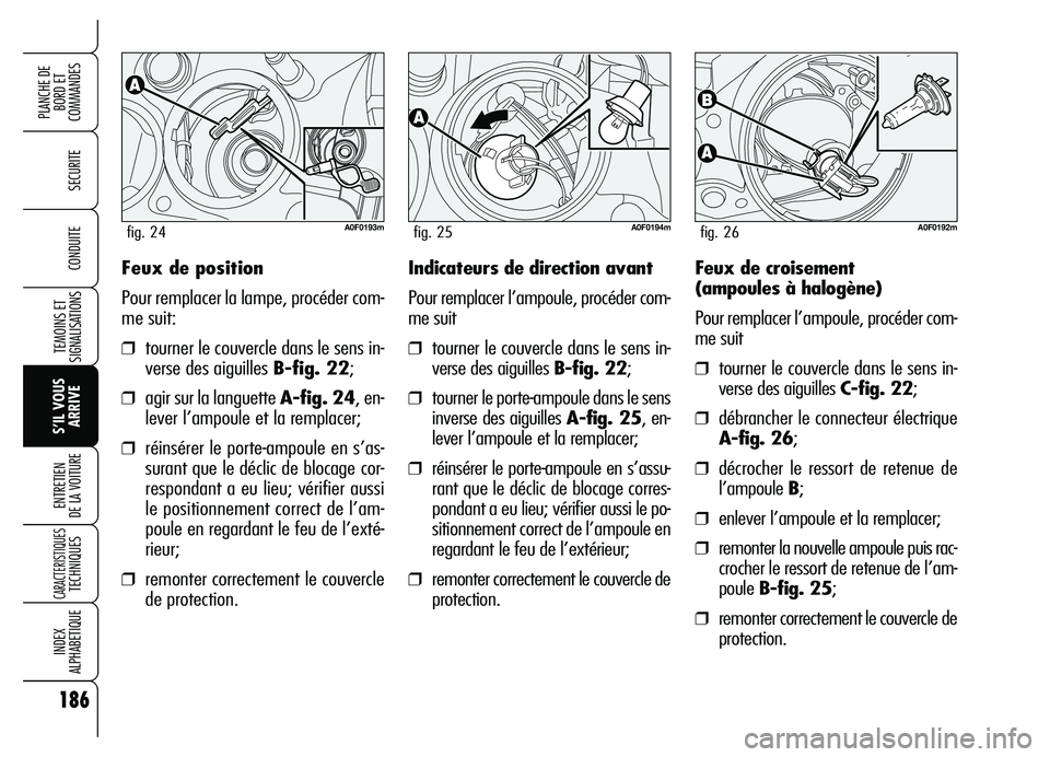 Alfa Romeo Brera/Spider 2007 Notice dentretien (in French) 186
SECURITE
TEMOINS ET
SIGNALISATIONS
S’IL VOUS
ARRIVE ENTRETIEN
DE LA VOITURE
CARACTERISTIQUES TECHNIQUES
INDEX
ALPHABETIQUE
PLANCHE DE
BORD ET
COMMANDES
CONDUITEFeux de position
Pour remplacer Alfa Romeo Brera/Spider 2007 Notice dentretien (in French) 186
SECURITE
TEMOINS ET
SIGNALISATIONS
S’IL VOUS
ARRIVE ENTRETIEN
DE LA VOITURE
CARACTERISTIQUES TECHNIQUES
INDEX
ALPHABETIQUE
PLANCHE DE
BORD ET
COMMANDES
CONDUITEFeux de position
Pour remplacer