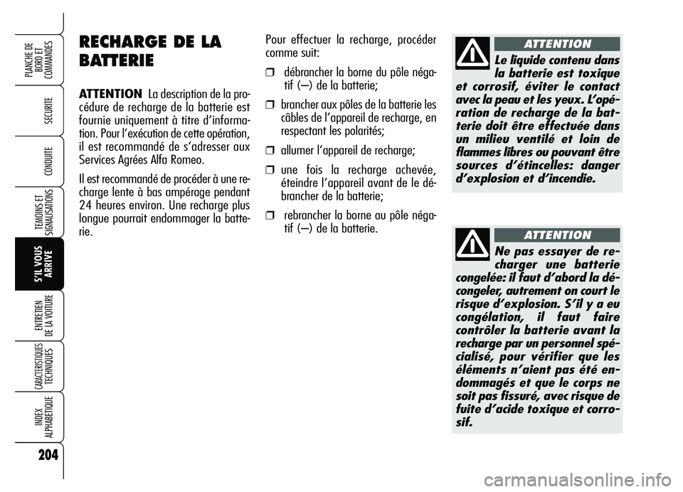 Alfa Romeo Brera/Spider 2007 Notice dentretien (in French) 204
SECURITE
TEMOINS ET
SIGNALISATIONS
S’IL VOUS
ARRIVE ENTRETIEN
DE LA VOITURE
CARACTERISTIQUES TECHNIQUES
INDEX
ALPHABETIQUE
PLANCHE DE
BORD ET
COMMANDES
CONDUITE
RECHARGE DE LA
BATTERIE
ATTENT Alfa Romeo Brera/Spider 2007 Notice dentretien (in French) 204
SECURITE
TEMOINS ET
SIGNALISATIONS
S’IL VOUS
ARRIVE ENTRETIEN
DE LA VOITURE
CARACTERISTIQUES TECHNIQUES
INDEX
ALPHABETIQUE
PLANCHE DE
BORD ET
COMMANDES
CONDUITE
RECHARGE DE LA
BATTERIE
ATTENT