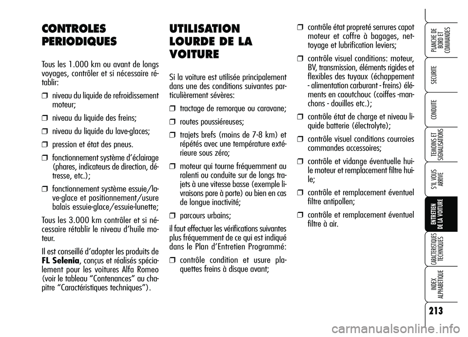 Alfa Romeo Brera/Spider 2007  Notice dentretien (in French) 213
SECURITE
TEMOINS ET
SIGNALISATIONS
S’IL VOUS
ARRIVE
ENTRETIEN 
DE LA VOITURE
CARACTERISTIQUES TECHNIQUES
INDEX 
ALPHABETIQUE
PLANCHE DE
BORD ET 
COMMANDES
CONDUITE
UTILISATION
LOURDE DE LA
VOITU
