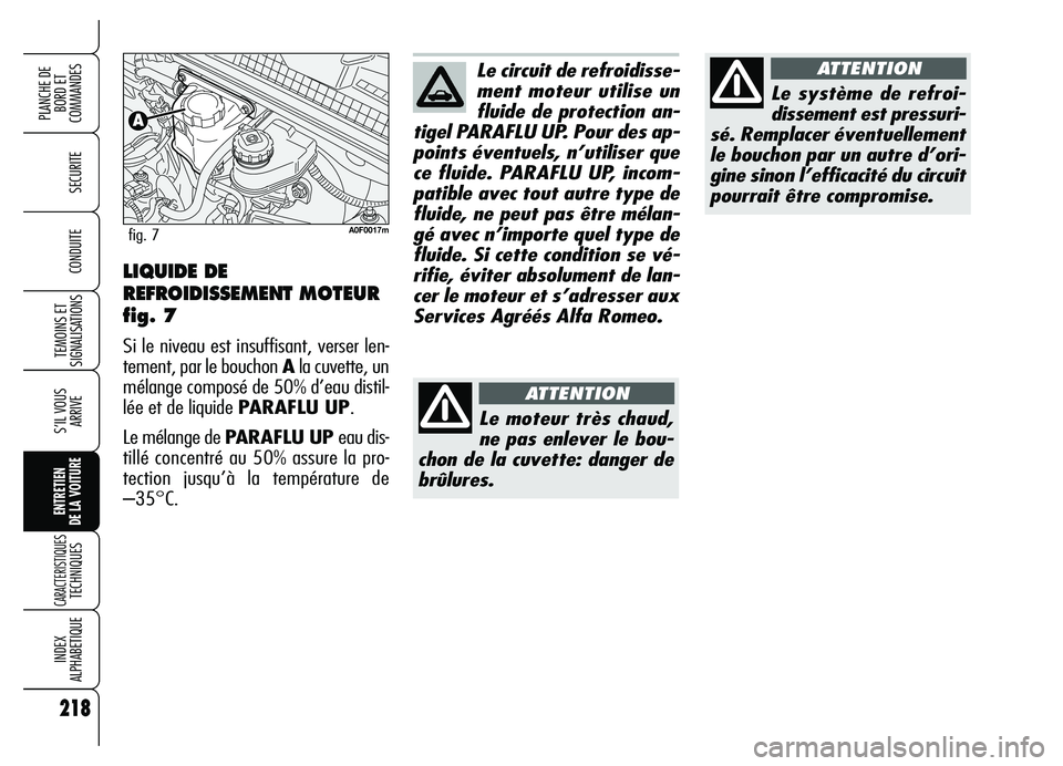 Alfa Romeo Brera/Spider 2007  Notice dentretien (in French) 218
SECURITE
TEMOINS ET
SIGNALISATIONS
S’IL VOUS
ARRIVE
ENTRETIEN 
DE LA VOITURE
CARACTERISTIQUES TECHNIQUES
INDEX 
ALPHABETIQUE
PLANCHE DE
BORD ET 
COMMANDES
CONDUITE
218
Le circuit de refroidisse-
