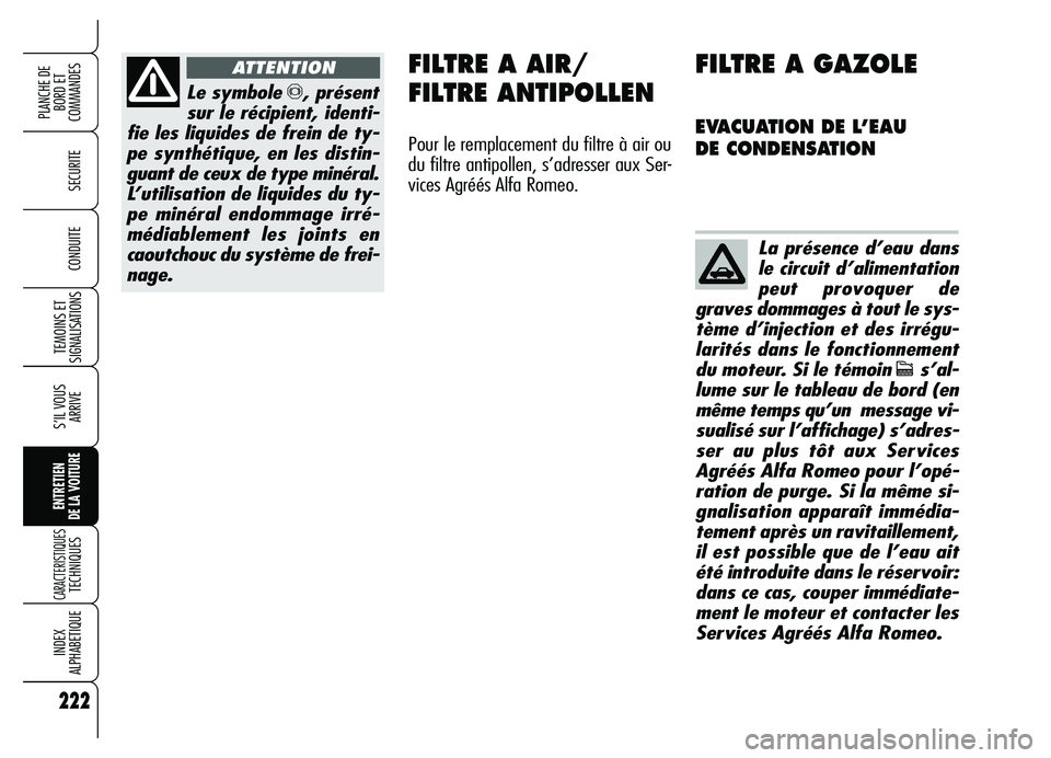 Alfa Romeo Brera/Spider 2007  Notice dentretien (in French) 222
SECURITE
TEMOINS ET
SIGNALISATIONS
S’IL VOUS
ARRIVE
ENTRETIEN 
DE LA VOITURE
CARACTERISTIQUES TECHNIQUES
INDEX 
ALPHABETIQUE
PLANCHE DE
BORD ET 
COMMANDES
CONDUITE
222
Le symbole π, présent
su