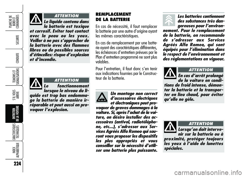 Alfa Romeo Brera/Spider 2007  Notice dentretien (in French) 224
SECURITE
TEMOINS ET
SIGNALISATIONS
S’IL VOUS
ARRIVE
ENTRETIEN 
DE LA VOITURE
CARACTERISTIQUES TECHNIQUES
INDEX 
ALPHABETIQUE
PLANCHE DE
BORD ET 
COMMANDES
CONDUITE
224
REMPLACEMENT 
DE LA BATTER