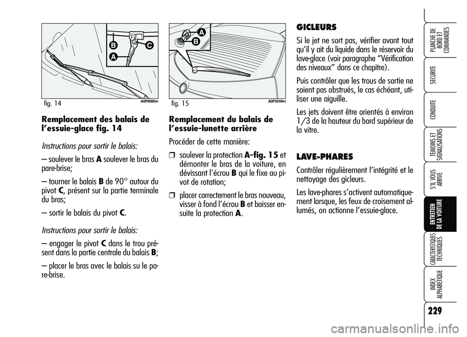 Alfa Romeo Brera/Spider 2007  Notice dentretien (in French) 229
SECURITE
TEMOINS ET
SIGNALISATIONS
S’IL VOUS
ARRIVE
ENTRETIEN 
DE LA VOITURE
CARACTERISTIQUES TECHNIQUES
INDEX 
ALPHABETIQUE
PLANCHE DE
BORD ET 
COMMANDES
CONDUITE
229
Remplacement du balais de
