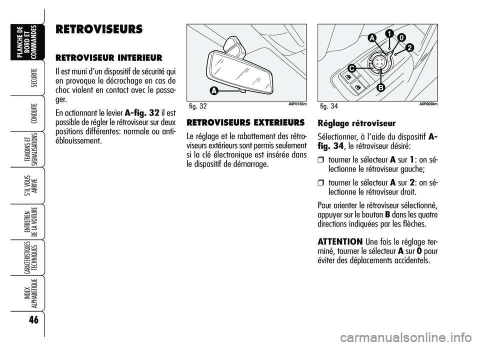 Alfa Romeo Brera/Spider 2007  Notice dentretien (in French) 46
SECURITE 
TEMOINS ET
SIGNALISATIONS
S’IL VOUS
ARRIVE
ENTRETIEN 
DE LA VOITURE
CARACTERISTIQUES TECHNIQUES
INDEX 
ALPHABETIQUE
PLANCHE DE
BORD ET
COMMANDES
CONDUITE Réglage rétroviseur
Sélectio