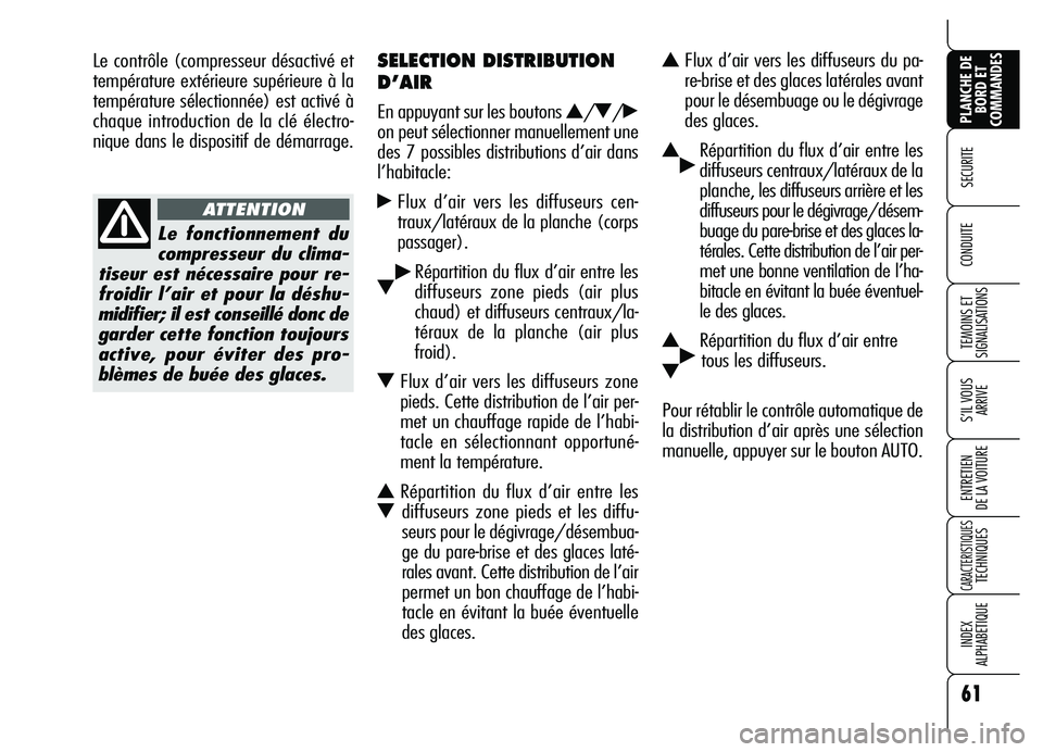 Alfa Romeo Brera/Spider 2007 Notice dentretien (in French) 61
SECURITE
TEMOINS ET
SIGNALISATIONS
S’IL VOUS
ARRIVE
ENTRETIEN
DE LA VOITURE
CARACTERISTIQUES TECHNIQUES
INDEX
ALPHABETIQUE
PLANCHE DE
BORD ET
COMMANDES
CONDUITE
SELECTION DISTRIBUTION
D’AIR Alfa Romeo Brera/Spider 2007 Notice dentretien (in French) 61
SECURITE
TEMOINS ET
SIGNALISATIONS
S’IL VOUS
ARRIVE
ENTRETIEN
DE LA VOITURE
CARACTERISTIQUES TECHNIQUES
INDEX
ALPHABETIQUE
PLANCHE DE
BORD ET
COMMANDES
CONDUITE
SELECTION DISTRIBUTION
D’AIR