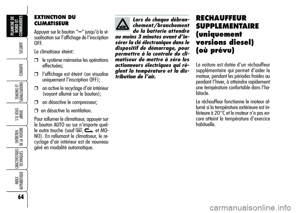 Alfa Romeo Brera/Spider 2007 Notice dentretien (in French) 64
SECURITE
TEMOINS ET
SIGNALISATIONS
S’IL VOUS
ARRIVE
ENTRETIEN
DE LA VOITURE
CARACTERISTIQUES TECHNIQUES
INDEX
ALPHABETIQUE
PLANCHE DE
BORD ET
COMMANDES
CONDUITE
EXTINCTION DU
CLIMATISEUR
Appu Alfa Romeo Brera/Spider 2007 Notice dentretien (in French) 64
SECURITE
TEMOINS ET
SIGNALISATIONS
S’IL VOUS
ARRIVE
ENTRETIEN
DE LA VOITURE
CARACTERISTIQUES TECHNIQUES
INDEX
ALPHABETIQUE
PLANCHE DE
BORD ET
COMMANDES
CONDUITE
EXTINCTION DU
CLIMATISEUR
Appu